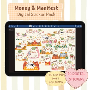 Pegatinas digitales Money Manifest, Planificador de presupuesto GoodNotes, Seguimiento financiero, Pegatinas Kawaii de riqueza, Diario para iPad y Android, PNG precortado