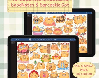 Pegatinas digitales divertidas de gato naranja inexpresivo, pegatinas para planificador GoodNotes, gato naranja Somza, diario para iPad y Android, 40 PNG precortados