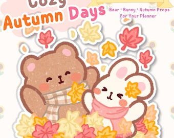 45 pegatinas adorables de otoño para agenda, pegatinas digitales de otoño, GoodNotes PNG, osito y conejito acogedores, iPad