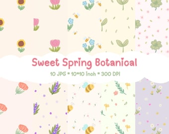 Patrones florales primaverales sin costuras, papel digital botánico en tonos pastel, fondo floral estilo cottagecore, 10 JPG