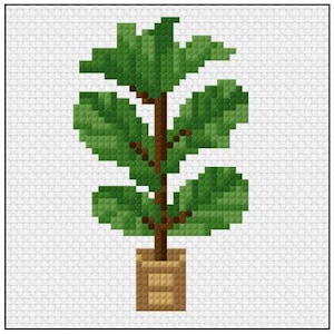 May include: A cross-stitch pattern of a green plant in a brown pot. The plant has large, detailed green leaves and a brown stem. The pot is a simple, rectangular shape. The background is a white, textured fabric.