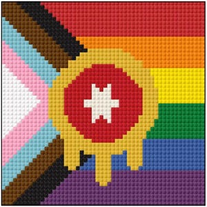 May include: A pixelated design featuring the Progress Pride flag and a badge with a white star on a red circle. The background is a rainbow of colors, including red, orange, yellow, green, blue, and purple.