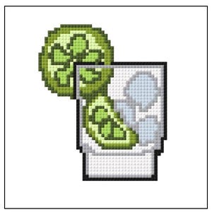 Könnte beinhalten: Pixelbild eines Cocktailglases mit Eiswürfeln und einer Limettenscheibe. Die Limette ist grün und das Glas ist weiß mit schwarzer Umrandung. Das Getränk wirkt erfrischend.