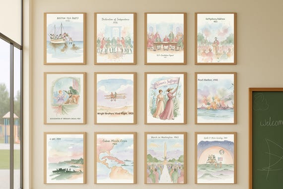 U.S. History Posters | Set of 24 Watercolor | Digital Classroom Bundle | Social Studies Wall Art