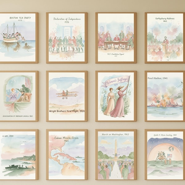 U.S. History Posters | Set of 24 Watercolor | Digital Classroom Bundle | Social Studies Wall Art