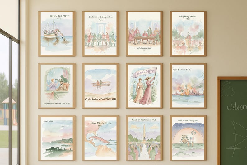 Pósteres de historia de EE. UU. / Juego de 24 acuarelas / Paquete digital para el aula / Arte mural de estudios sociales imagen 1