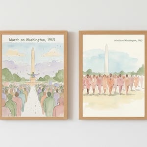 Puede incluir: Dos impresiones en acuarela enmarcadas que representan la Marcha en Washington en 1963. Una muestra una multitud frente a un orador cerca de un monumento, la otra muestra un grupo de personas caminando hacia un monumento. El texto "March on Washington, 1963" es visible.