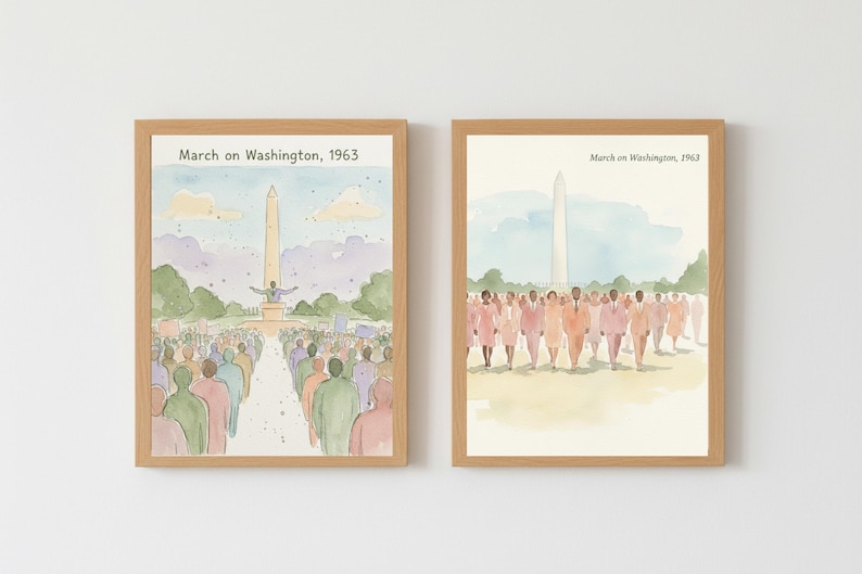 Puede incluir: Dos impresiones en acuarela enmarcadas que representan la Marcha en Washington en 1963. Una muestra una multitud frente a un orador cerca de un monumento, la otra muestra un grupo de personas caminando hacia un monumento. El texto "March on Washington, 1963" es visible.