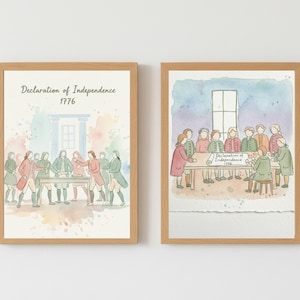 Puede incluir: Dos grabados en acuarela enmarcados que representan escenas de la Declaraci&oacute;n de Independencia. El grabado de la izquierda muestra figuras reunidas alrededor de una mesa, el de la derecha muestra a un grupo firmando un documento. El texto "Declaration of Independence 1776" es visible.
