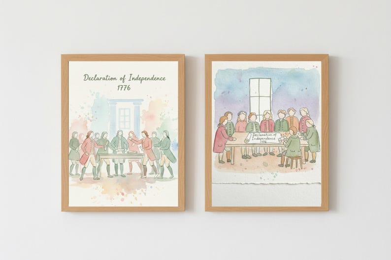 Puede incluir: Dos grabados en acuarela enmarcados que representan escenas de la Declaraci&oacute;n de Independencia. El grabado de la izquierda muestra figuras reunidas alrededor de una mesa, el de la derecha muestra a un grupo firmando un documento. El texto "Declaration of Independence 1776" es visible.