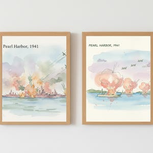 Puede incluir: Dos impresiones en acuarela enmarcadas que representan el ataque a Pearl Harbor de 1941. La obra de arte presenta explosiones, barcos y aviones en un estilo art&iacute;stico y colorido. El texto "Pearl Harbor, 1941" est&aacute; en la parte superior de cada marco.