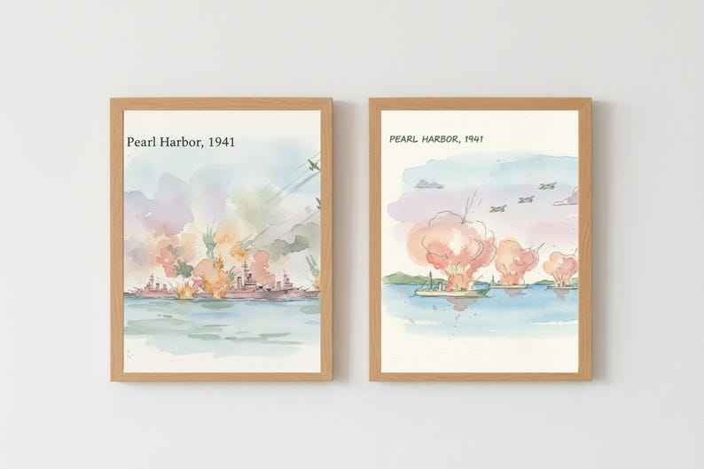 Puede incluir: Dos impresiones en acuarela enmarcadas que representan el ataque a Pearl Harbor de 1941. La obra de arte presenta explosiones, barcos y aviones en un estilo art&iacute;stico y colorido. El texto "Pearl Harbor, 1941" est&aacute; en la parte superior de cada marco.