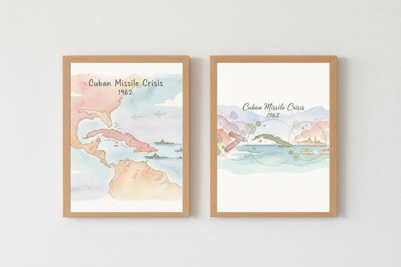 Puede incluir: Dos impresiones enmarcadas en acuarela que representan la crisis de los misiles cubanos de 1962. La obra de arte presenta un mapa del Caribe y sus alrededores, con colores pastel suaves y el texto "Cuban Missile Crisis 1962".
