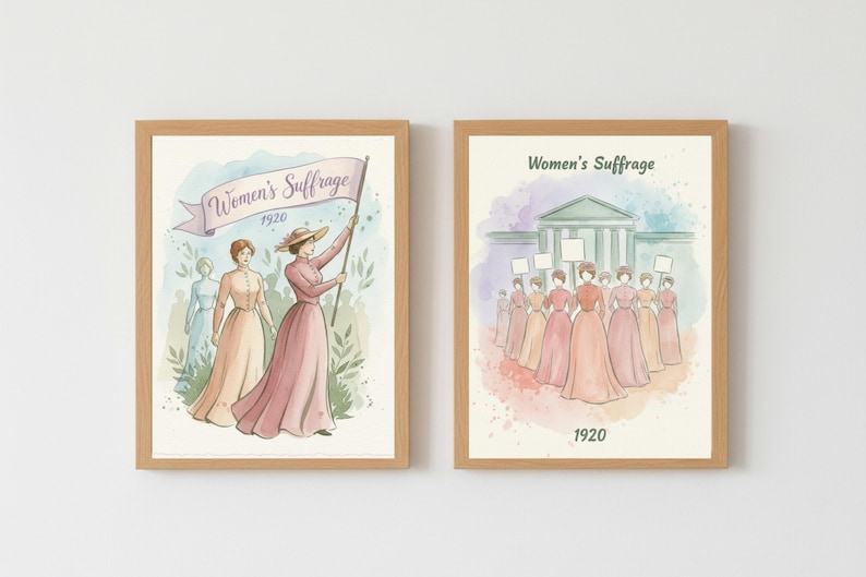 Puede incluir: Dos impresiones en acuarela enmarcadas. La impresi&oacute;n de la izquierda muestra a mujeres con vestidos, una sosteniendo una pancarta que dice "Women's Suffrage 1920". La impresi&oacute;n de la derecha representa a mujeres marchando con carteles frente a un edificio, con el texto "Women's Suffrage 1920."