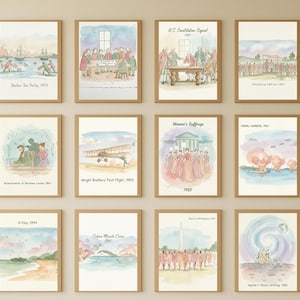 Puede incluir: Una colecci&oacute;n de l&aacute;minas enmarcadas en acuarela que representan eventos hist&oacute;ricos, como el Mot&iacute;n del t&eacute; de Boston y el alunizaje del Apolo 11. Cada l&aacute;mina, en un marco marr&oacute;n claro, presenta una ilustraci&oacute;n &uacute;nica con texto.