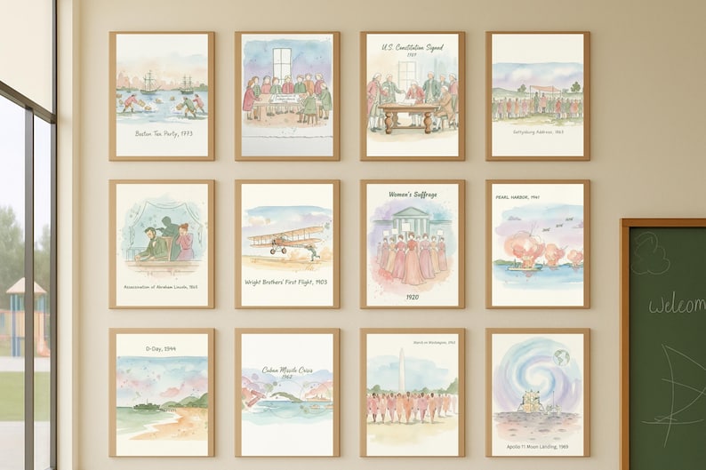 Puede incluir: Una colecci&oacute;n de l&aacute;minas enmarcadas en acuarela que representan eventos hist&oacute;ricos, como el Mot&iacute;n del t&eacute; de Boston y el alunizaje del Apolo 11. Cada l&aacute;mina, en un marco marr&oacute;n claro, presenta una ilustraci&oacute;n &uacute;nica con texto.