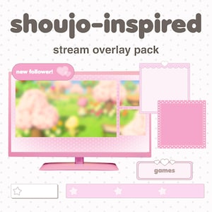 May include: A shoujo-inspired stream overlay pack featuring a pink monitor frame, a new follower notification box, a games label, and various rectangular frames with heart and star accents. The design uses a soft pink color palette with polka dots.