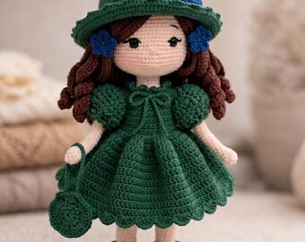 Patroon hortensia gehaakte pop pdf | Amigurumi-prinsespop met jurk, hoed, schoenen en handtas | Pop van 30 cm | Direct downloaden