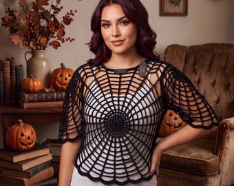 Haakpatroon voor een top met spinnenwebmotief (PDF) | Gehaakte top met mesh voor Halloween | Digitale download van een gehaakte festivaltop | Patroon voor een cropped blouse met spinnenwebmotief