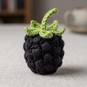 May include: A handmade crochet blackberry with a dark purple body and green leaves and stem. The berry is made with a textured stitch, giving it a realistic appearance. The leaves and stem are a bright green color.