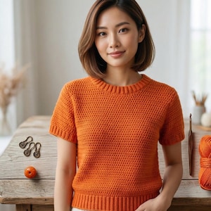 Patrón de camiseta raglán de arriba hacia abajo / Patrón de camisa de ganchillo enlazada en PDF / Top de manga corta acanalado / Blusa de suéter de lana peinada