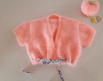 9M to 12M Hand Knitted Peach Patons Fuzzy Wuzzy Baby Bolero