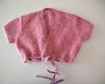 9M to 12M Hand Knitted Raspberry Pink Patons Fuzzy Wuzzy Baby Bolero