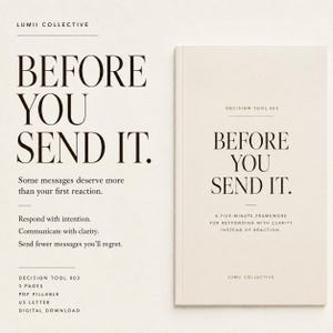 May include: A digital download titled Before You Send It, Decision Tool 003 by Lumii Collective. The document is a three-page, US letter-sized, PDF fillable framework designed for responding with clarity instead of reaction, featuring black text on a cream background.