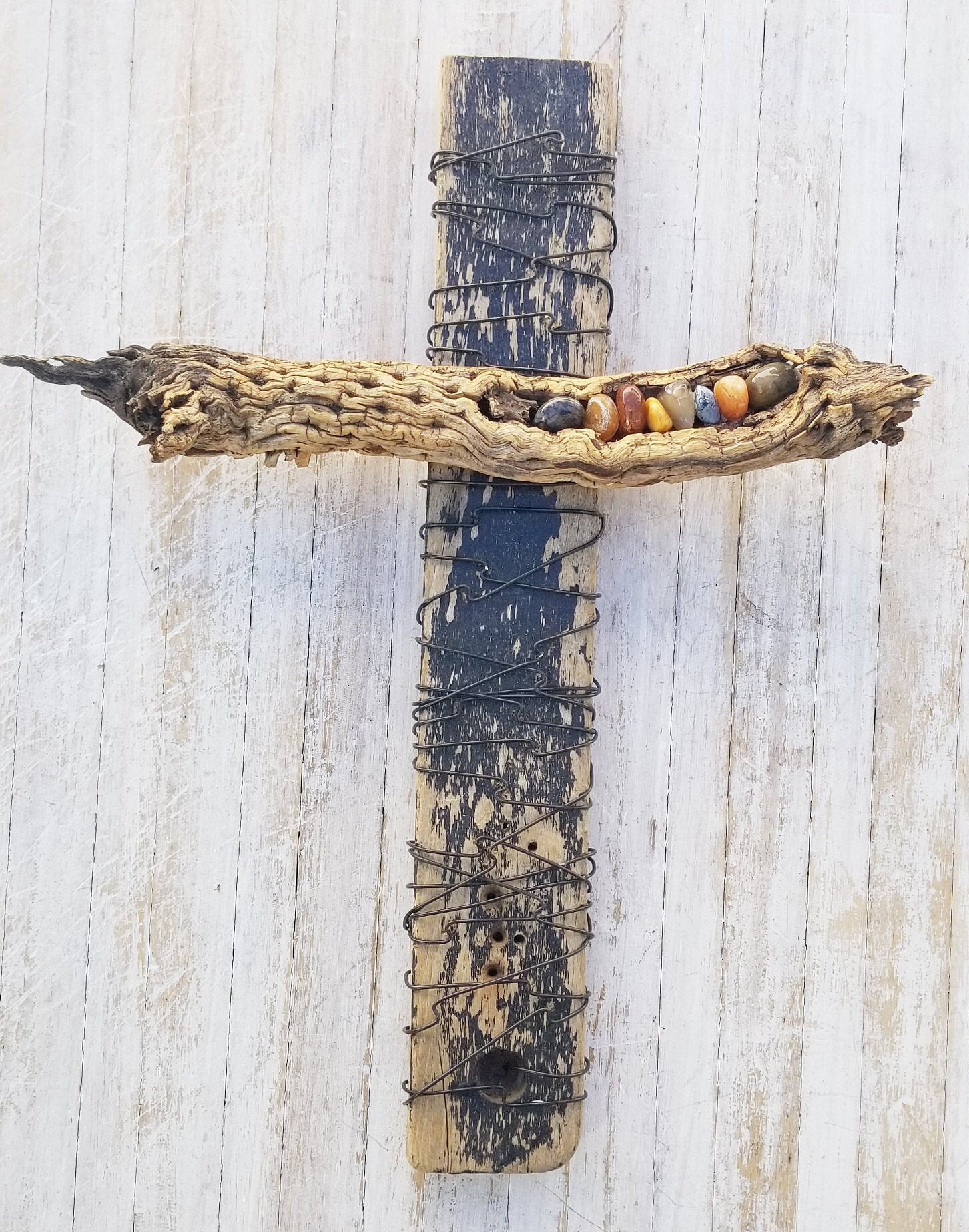 Handcrafted Cholla Cross With Tumbled Rocks Reclaimed Wood and Wire ...