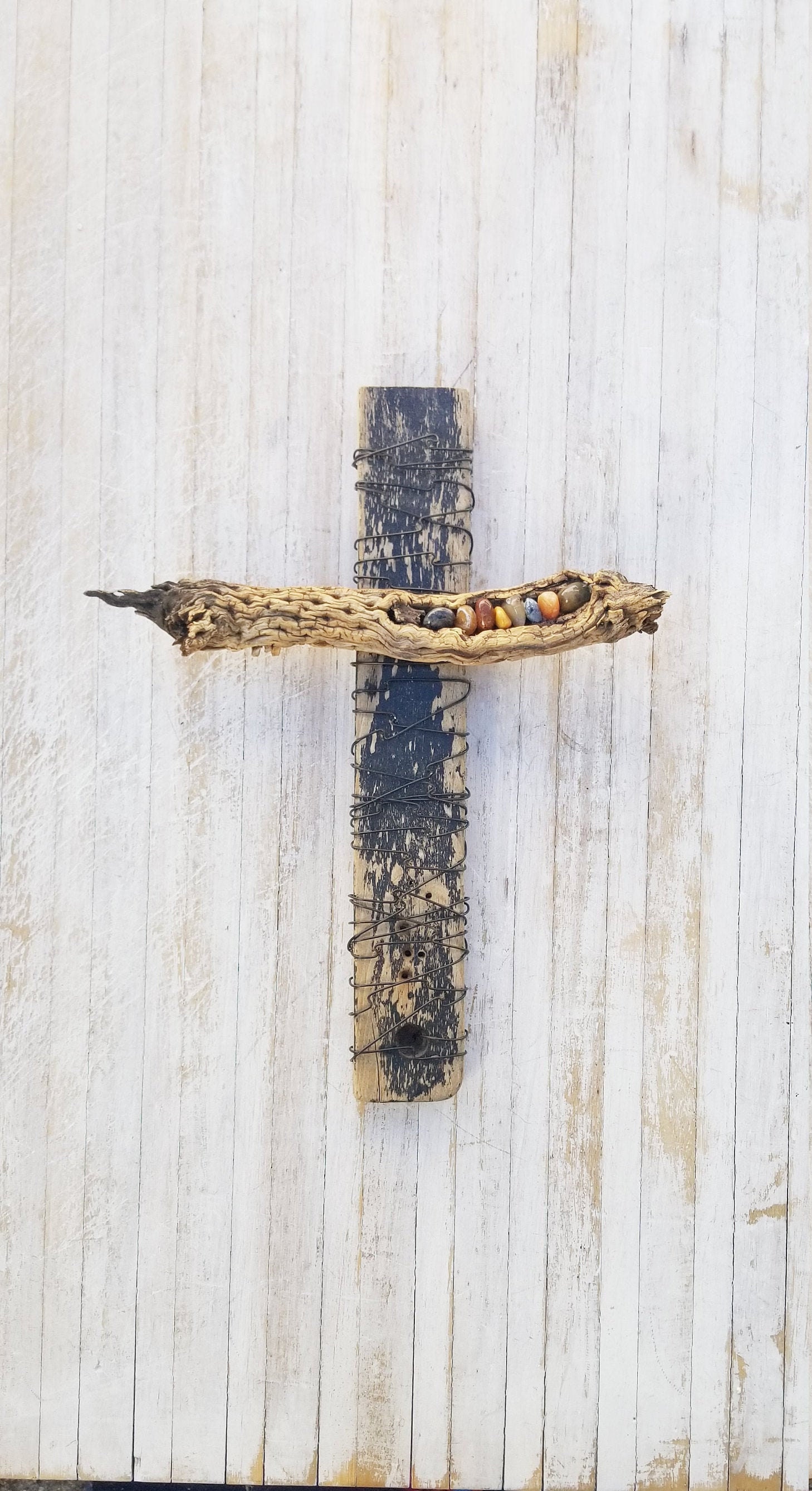 Handcrafted Cholla Cross With Tumbled Rocks Reclaimed Wood and Wire ...