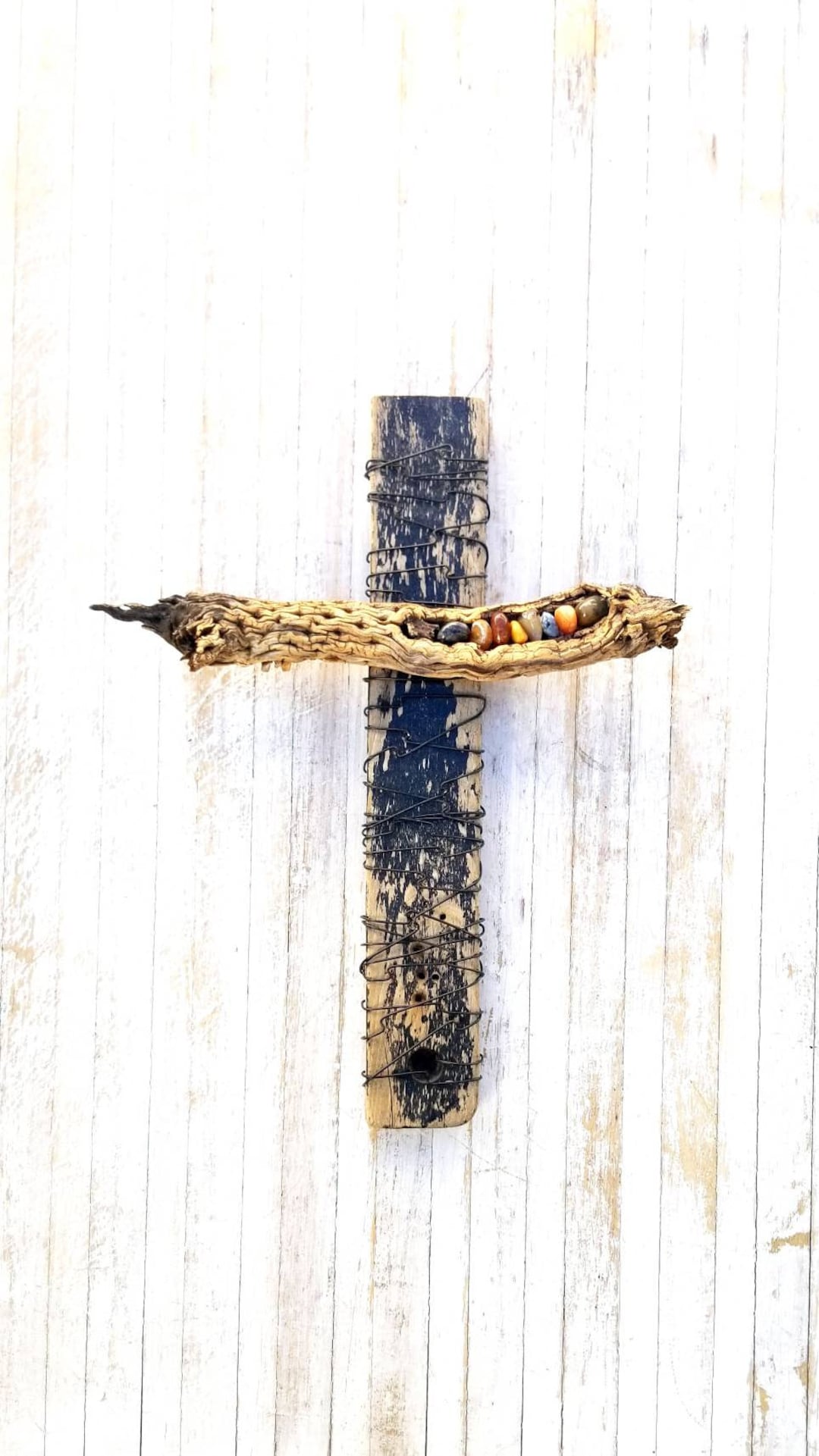 Handcrafted Cholla Cross With Tumbled Rocks Reclaimed Wood and Wire ...