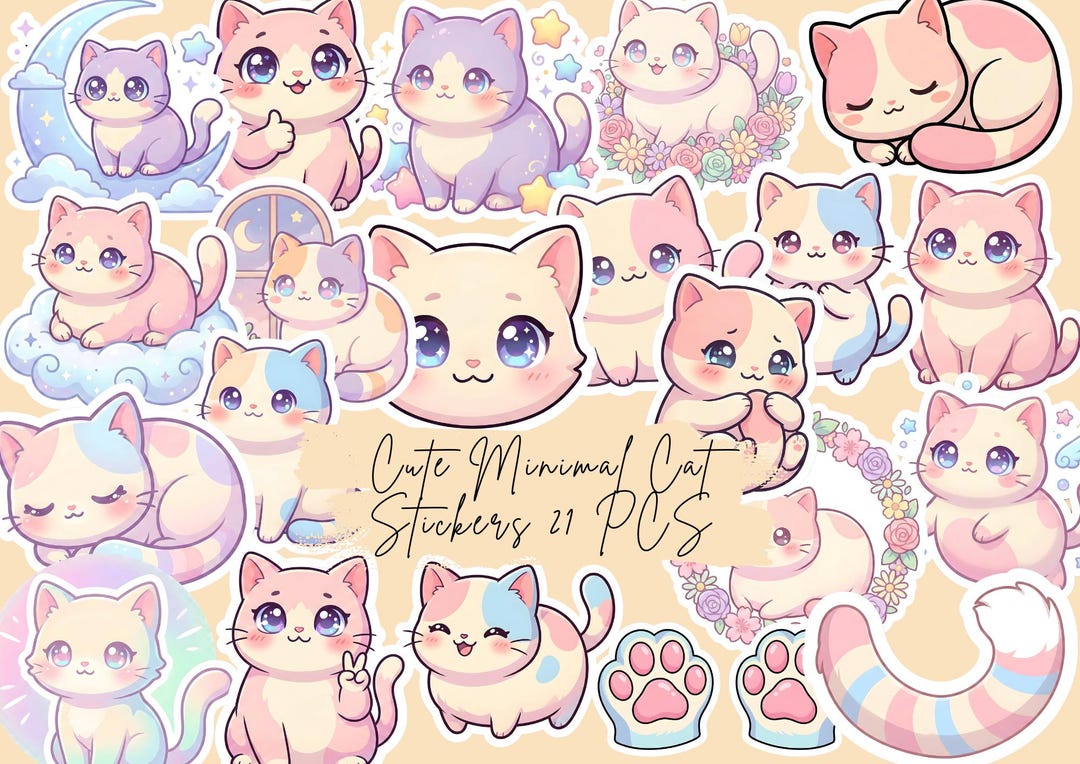 Kawaii Pastel Cat Stickers (21 PCS) | Planner, Journal (PNG Digital ...