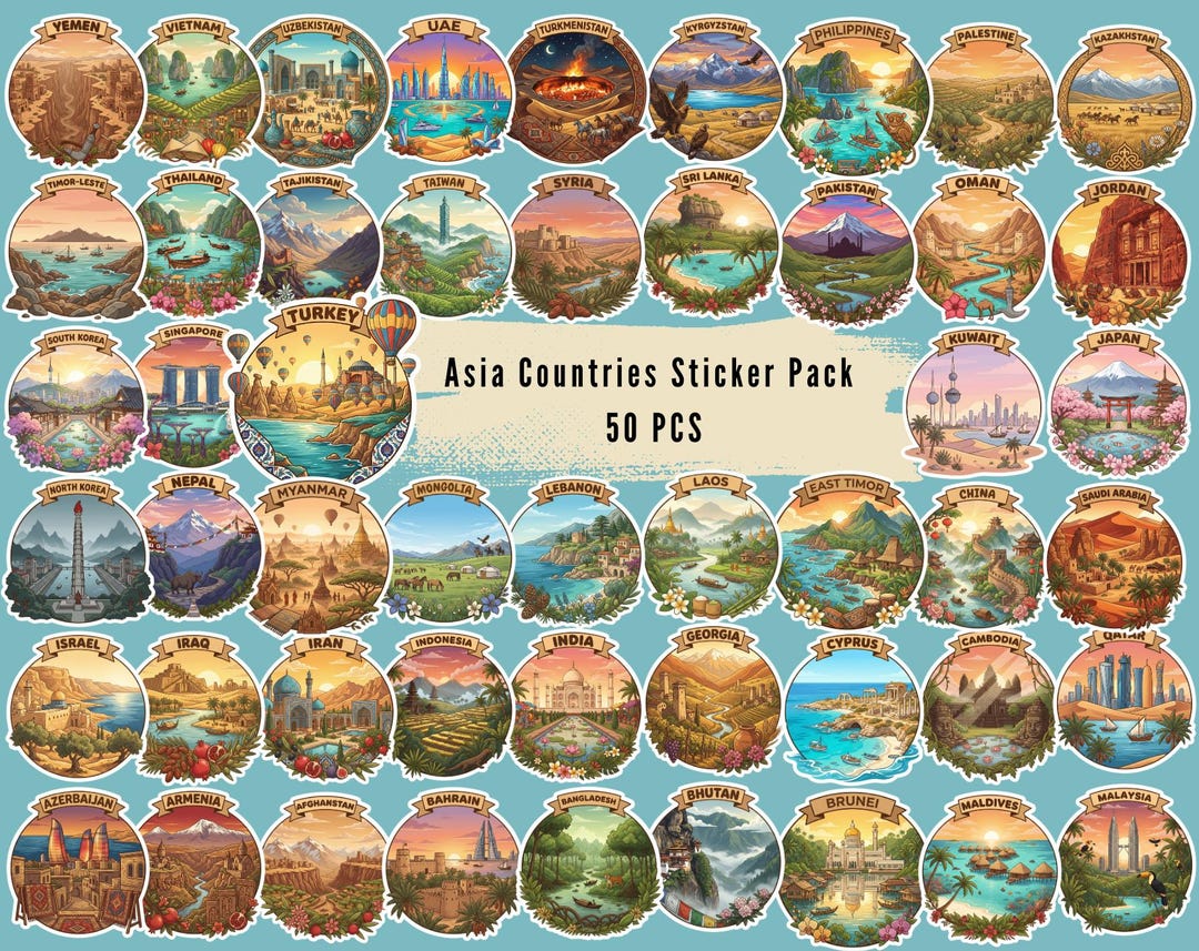 Asia Countries Sticker Pack | 50 Country Travel Stickers | Digital ...