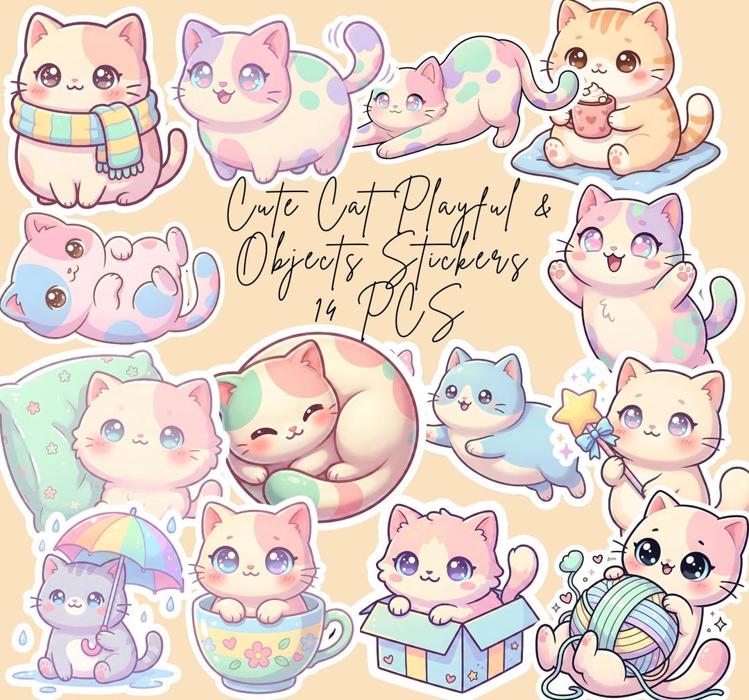 Kawaii Cat Stickers | Pastel Cat PNG Bundle (14 Pcs) (digital Download ...
