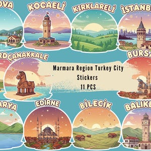 Puede incluir: Un conjunto de 11 pegatinas con ilustraciones de ciudades de la región de Mármara en Turquía. Cada pegatina tiene un diseño circular con el nombre de una ciudad, como Estambul y Bursa, y un paisaje único.