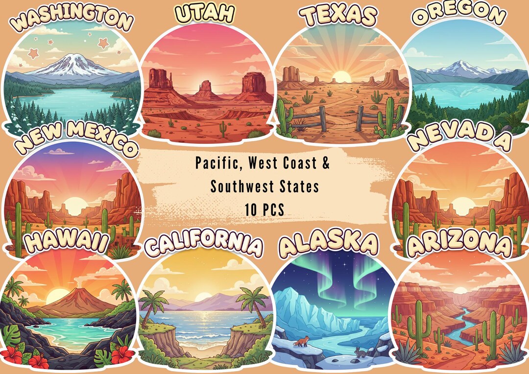 Swothwest Sticker USA States Sticker Pack | Pacific, West & Southwest (printable PNG) - Etsy