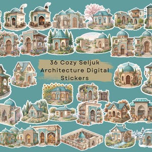 36 autocollants numériques d'architecture seldjoukide chaleureuse | Illustrations d'art géométrique islamique | Village turc aquarelle PNG | Autocollants pour agenda et notes