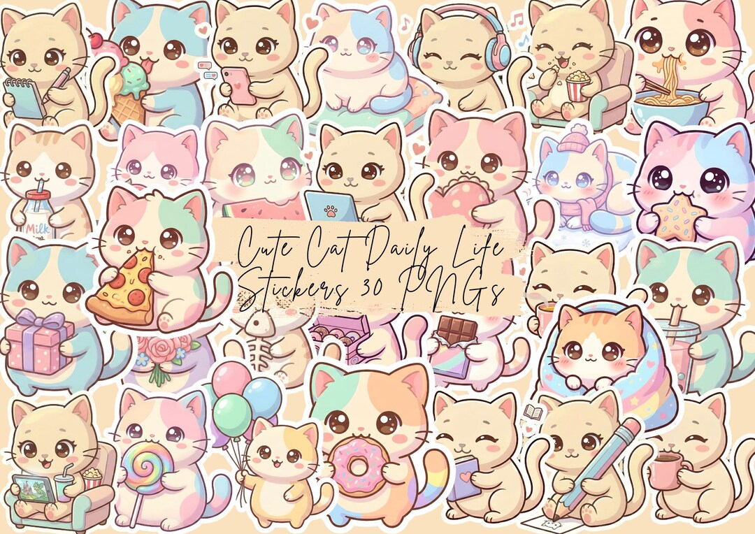 Kawaii Cat Sticker Pack | 30 Pastel Planner Stickers (digital Download ...