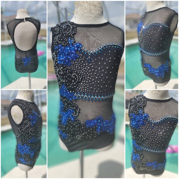 CONTACT BEFORE ORDERING Made to ordeCustom made child large black leotard with high quality glass rhinestones and beaded appliques