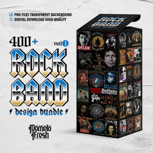 Puede incluir: Una caja negra que presenta un paquete de diseños de bandas de rock con más de 400 diseños. La caja incluye imágenes de varios artistas y bandas de rock, con las palabras "ROCK BAND" en una fuente estilizada. También está presente el texto "design bundle".