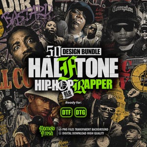 Op de afbeelding: Een digitaal ontwerppakket met een collage van verschillende hiphopartiesten en rappers in een halftoonstijl. De afbeelding bevat tekst zoals 50 DESIGN BUNDLE, HALFTONE, HIP-HOP, RAPPER, OLD SCHOOL, DTF, DTG en Pomelo Fresh.