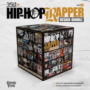 May include: A black box showcasing a hip-hop design bundle with the text "350+ HIP-HOP RAPPER DESIGN BUNDLE". The box is covered with images of various hip-hop artists. The design includes the text "vol 1" and "Pomelo Fresh".