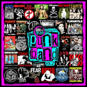 Pode incluir: Uma colagem de capas de álbuns de bandas punk, com várias bandas e arte de álbuns. A imagem tem um fundo preto com uma borda rosa brilhante. O texto "Punk Band Vol. 2" é exibido de forma proeminente.
