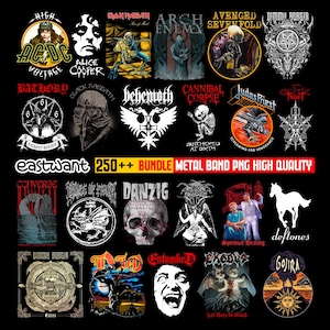 Puede incluir: Una colección de logotipos y arte de álbumes de bandas de metal, incluyendo AC/DC, Alice Cooper e Iron Maiden. La imagen incluye el texto "eastwant 250++ BUNDLE METAL BAND PNG HIGH QUALITY" sobre un fondo negro.