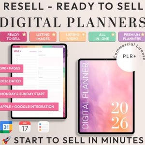 Könnte beinhalten: Bildwerbung für digitale Planer zum Weiterverkauf. Zwei Tablets zeigen Planer-Layouts, mit Text, der Funktionen wie 590+ Seiten, datiert für 2026 und Montag & Sonntag-Start hervorhebt. Text beinhaltet "Ready to Sell" und "Start to Sell in Minutes."