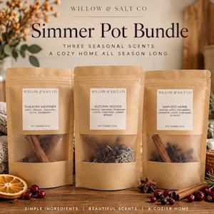 Op de afbeelding: Drie bruine papieren zakjes met het label Willow & Salt Co Simmer Pot Bundle. Elk zakje bevat gedroogde ingrediënten om op het fornuis te laten sudderen, waaronder kaneelstokjes, steranijs en bessen, met labels die de ingrediënten voor de geuren Sweater Weather, Autumn Woods en Harvest Home vermelden.