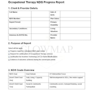 Puede incluir: Documento blanco titulado "Occupational Therapy NDIS Progress Report" con secciones para detalles del cliente, propósito del informe y objetivos NDIS. Incluye campos para nombre completo, número NDIS y dominios de objetivos. El documento está diseñado para el seguimiento del progreso de la terapia ocupacional.