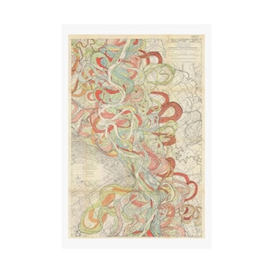 May include: A vintage map print featuring a detailed, colorful illustration of a river system. The artwork showcases winding waterways in shades of red, green, and blue, set against a beige background. The map includes text and grid lines.