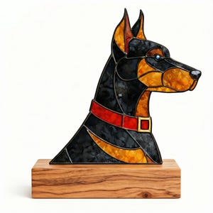 Puede incluir: Escultura de vidriera de la cabeza de un perro Doberman Pinscher, con piezas de vidrio negro, naranja y rojo. El perro lleva un collar rojo con hebilla dorada y está sobre una base de madera. La obra se exhibe sobre un fondo blanco.