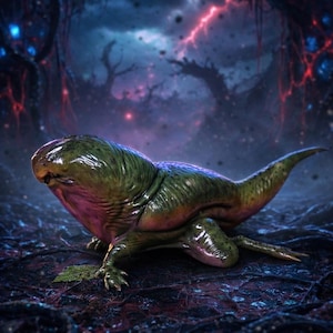 May include: A digital illustration of a green and pink creature with a long tail and small legs. The creature is set against a dark, fantastical background with red and blue accents, suggesting a science fiction or fantasy theme.